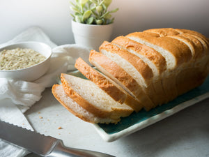 Gluten-free brown rice bread from Outside The Breadbox on a serving plate