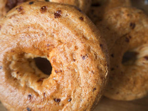 Close-up of gluten-free oat cheddar bagels from Outside The Breadbox showing toasted crust and texture